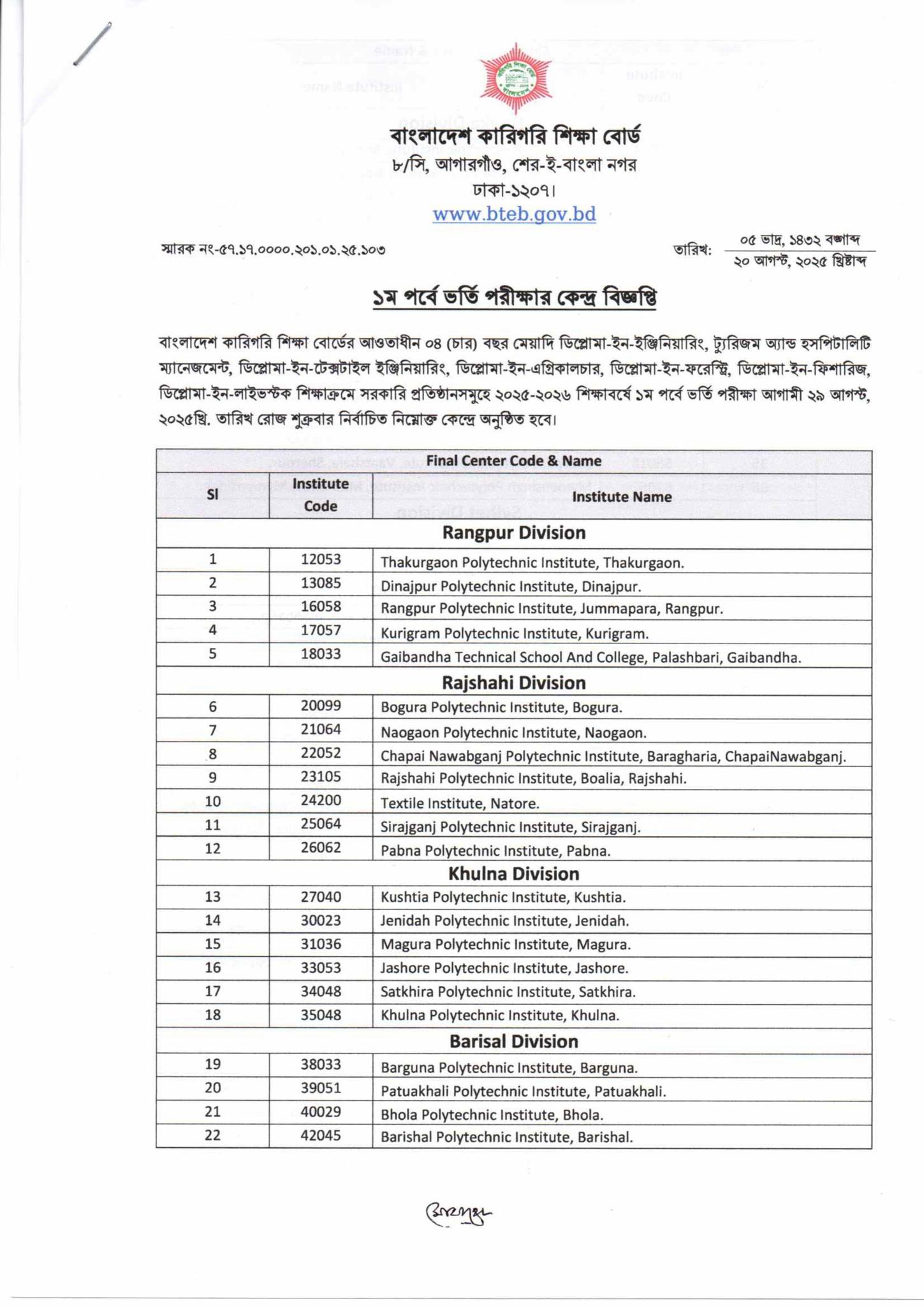 পলিটেকনিক ভর্তি পরীক্ষার কেন্দ্র তালিকা