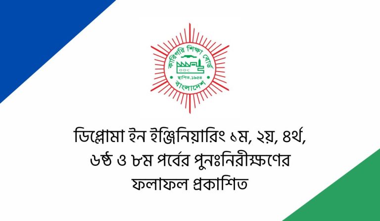 ডিপ্লোমা ইন ইঞ্জিনিয়ারিং ১ম, ২য়, ৪র্থ, ৬ষ্ঠ ও ৮ম পর্বের পুনঃনিরীক্ষণের ফলাফল প্রকাশিত